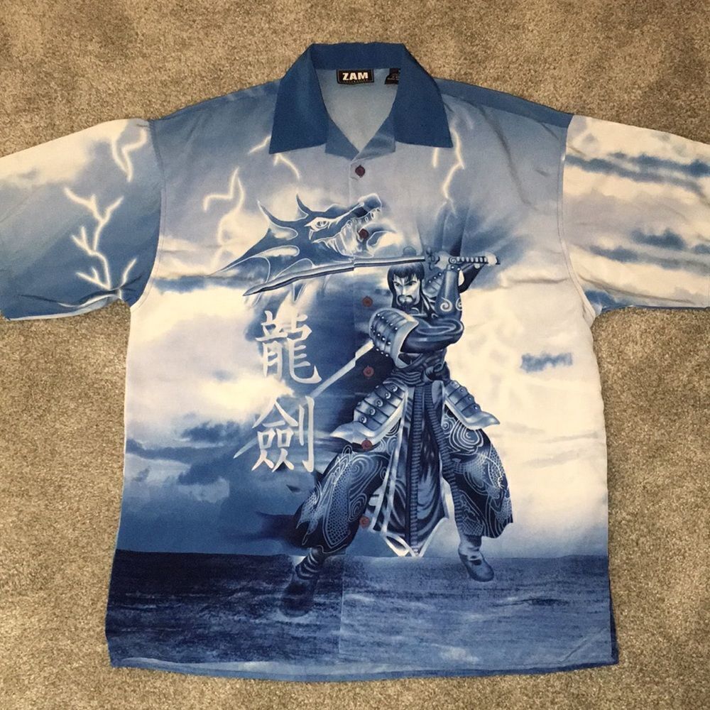 Zam Collection Comicon Anime Samurai Ancient Dragon Blue Sea Print Hawaii Shirt